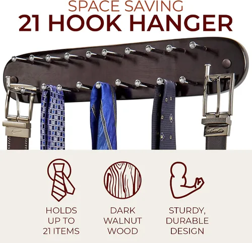 Vista 6 de Richards Homewares - Estante de corbata montado en la pared, organizador de corbata de madera para armario, 21 ganchos cromados, almacenamiento