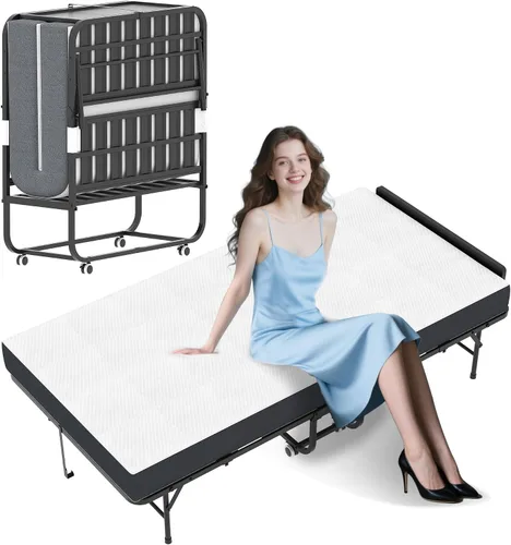 Vista 10 de Cama plegable, camas portátiles de 75 x 31 pulgadas para adultos, marco de metal resistente y resistente, cama plegable con ruedas