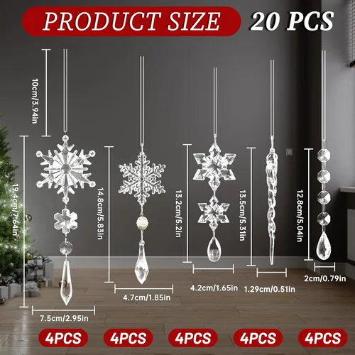 Vista 5 de 20 adornos de árbol de cristal, decoraciones de árbol de Navidad, adornos de cristal de copo de nieve, adorno de Navidad acrílico colgante, gota