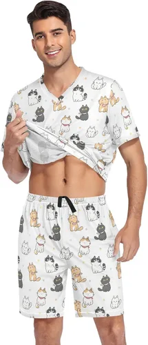Vista 3 de KOPIRIT Conjunto de pijama de dinosaurio para hombre, conjunto de pijama con cuello en V, conjunto de 2 piezas, pantalón con bolsillo