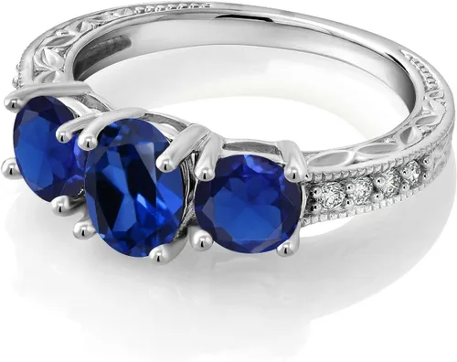Vista 39 de Gem Stone King Anillo de compromiso de 3 piedras preciosas de oro blanco de 10 quilates con piedra natal y diamantes cultivados en laboratorio