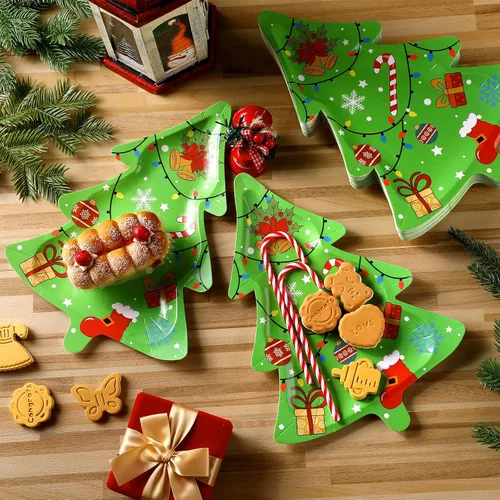 Vista 2 de 100 platos de papel de postre de Navidad de 11 x 7.9 pulgadas, platos de postre desechables en forma de árbol de Navidad, plato de cena de papel