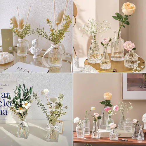 Vista 6 de Juego de 5 jarrones de cristal, mini jarrón transparente para centros de mesa a granel, pequeños jarrones de flores vintage para bodas, fiestas