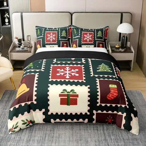 Vista 7 de Funda de edredón de árbol de Navidad 100% algodón natural, juego de ropa de cama de copos de nieve de Navidad para niños y niñas, funda de edredón