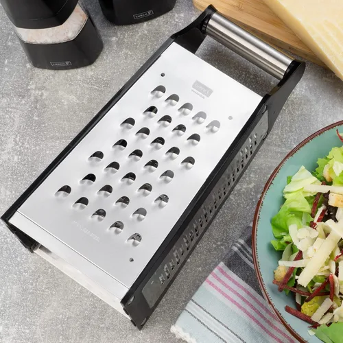 Vista 7 de Lurch Alemania Razortech - Rallador de cuatro lados, acero inoxidable, perfecto para queso parmesano, verduras, jengibre, plata/negro