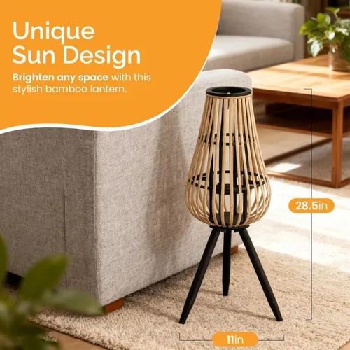 Vista 2 de Linterna decorativa de bambú natural moderna para interiores y exteriores con soporte negro y candelero de cristal