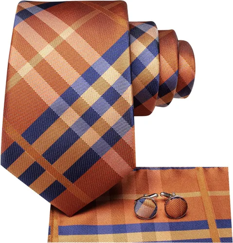 Vista 198 de Hi-Tie Corbata clásica de cachemira para hombre con pañuelo y gemelos a cuadros