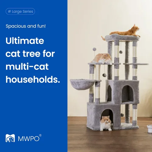 Vista 2 de MWPO Árbol grande para gatos, torre para gatos de interior de 56.1 pulgadas con 2 condominios grandes para gatos, soporte de varios niveles