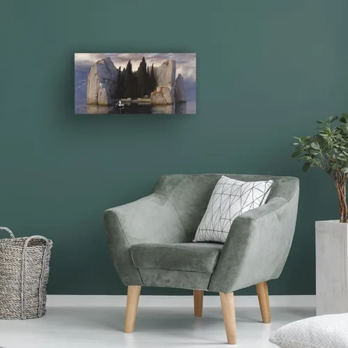 Vista 4 de Lienzo decorativo para pared, diseño de Arnold Bocklin con la frase "La Isla de los Muertos", para decoración de sala de estar, dormitorio u