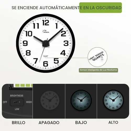 Vista 3 de WallarGe Reloj de pared con luz nocturna para dormitorio, 12 pulgadas Negro