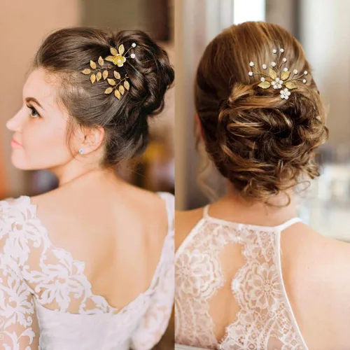 Vista 4 de inSowni Paquete de 12 horquillas doradas decorativas para bodas, fiestas de graduación, con hojas de flores, perlas, adornos para tocados de novia