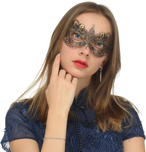 Vista 4 de MYMENU Máscara de baile para mujer, de encaje, veneciana, de Halloween, para fiesta de disfraces, Mardi Gras (3 estilos dorados)