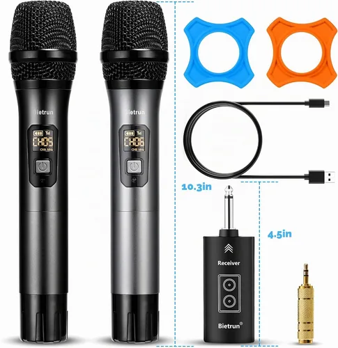 Vista 8 de Micrófono inalámbrico con Bluetooth, sistema de micrófono de metal dinámico de mano dual UHF profesional con receptor recargable, rango de 160 pies