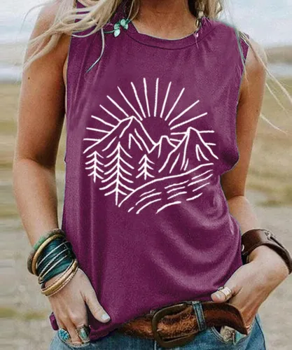 Vista 2 de Camisetas sin mangas de senderismo y montaña para mujer, divertidas camisetas de entrenamiento con gráficos de pino y amanecer, camisetas de verano