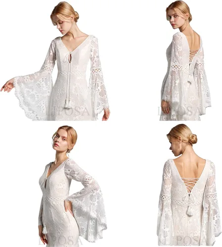 Vista 5 de LIPOSA Vestidos de novia de encaje bohemio para novias, mangas largas acampanadas, cuello en V, vestidos de novia de sirena con tren de barrido