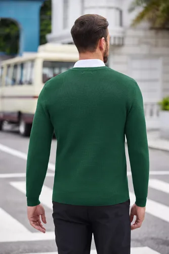 Vista 3 de COOFANDY Suéter de punto con cuello en V para hombre, manga larga, casual, ajustado, suéter sin botones