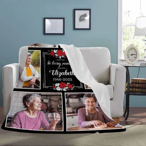 Vista 3 de LOSARON Mantas conmemorativas personalizadas con fotos por pérdida de madre, papá, abuela en el cielo en memoria amorosa de flores rojas, 6 fotos
