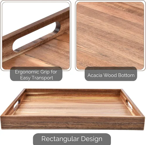 Vista 7 de Bandeja de servir de madera de acacia con asas (17 pulgadas) – Bandejas decorativas para servir desayuno en la cama, almuerzo, cena, aperitivos