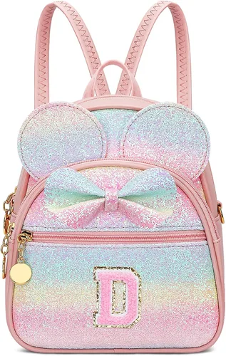Vista 30 de KKXIU Mochilas Mini con Moño Inicial para Niñas y Mujeres, Linda Mochila Pequeña con Asa de Bolso, Regalos Personalizados para Niños, Arcoíris