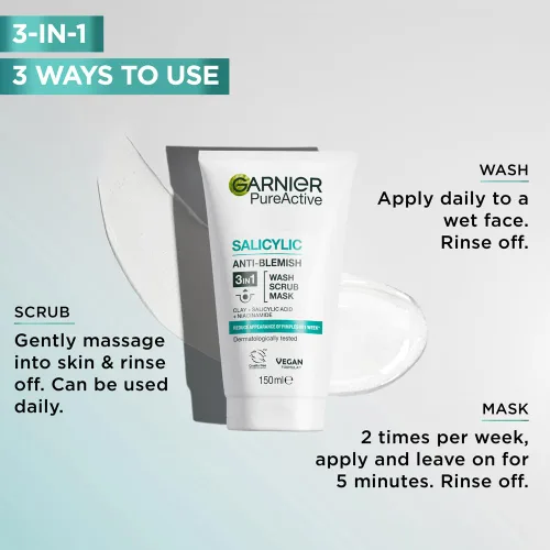 Vista 4 de Garnier Skin Naturals Pure 3 en 1 Lavado+exfoliante+máscara: 5.1 fl oz.