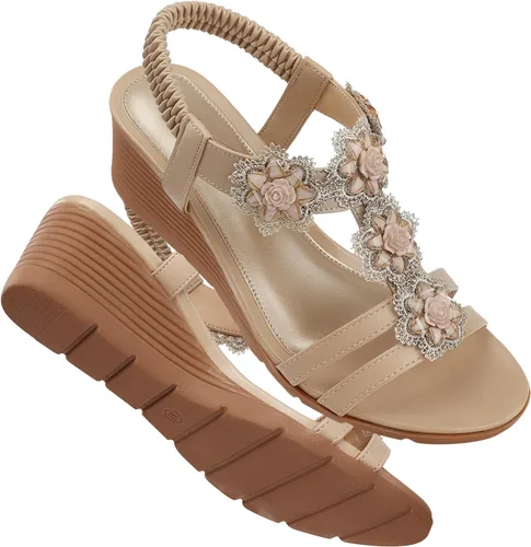 Vista 4 de SHIBEVER Sandalias de cuña para mujer: sandalias de cuña con correa elástica en el tobillo y puntera abierta, sandalias elegantes para mujer