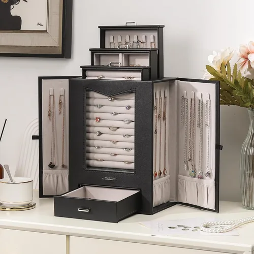 Vista 8 de Homde Organizador de joyas con ganchos transparentes para collares de ventana, regalo para mujeres, caja de joyería para collares, anillos, aretes