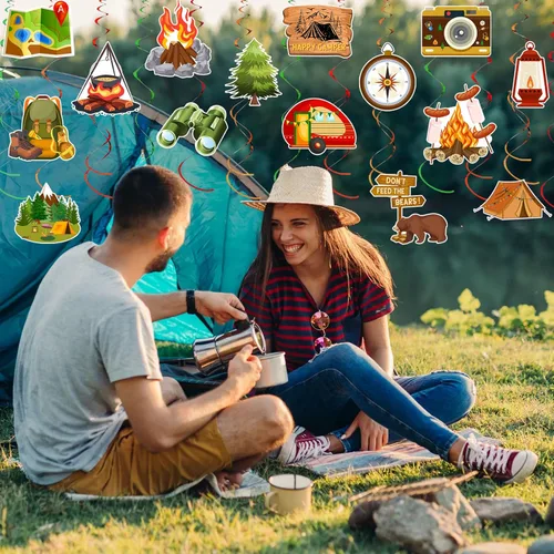 Vista 7 de 36 espirales colgantes para fiesta de campista, remolinos de fiesta temática de campamento, remolinos de verano, campamento de aventura, tienda