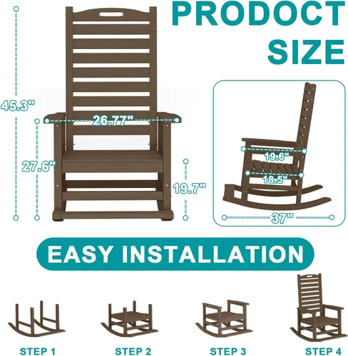 Vista 3 de PLUUV Silla mecedora de exterior con reposapiés extraíble para adultos, sillas mecedoras de patio de respaldo alto HDPE, sillas mecedoras de porche