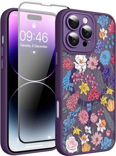 Vista 194 de Magnético para iPhone 13 con protector de pantalla [Compatible con MagSafe] Diseño de patrón floral de flores bonitas, funda delgada a prueba