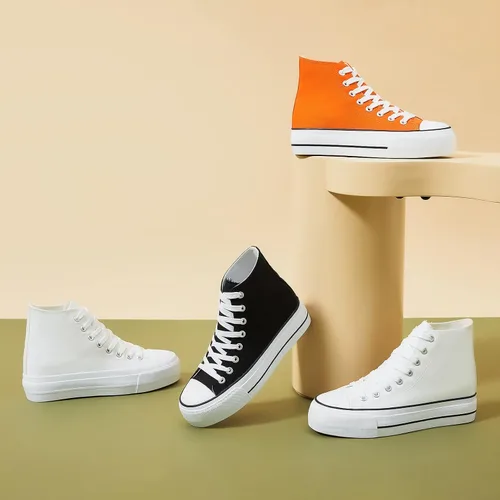 Vista 6 de POVOGER Zapatos deportivos de plataforma para mujer, zapatos de lona altos de moda, zapatos de plataforma blancos para mujer, zapatos casuales