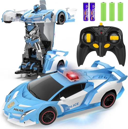 Vista 14 de FDJ - Auto a control remoto que se transforma en robot, transformación con un botón a robot con luz intermitente, juguete de policía para niños