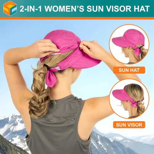 Vista 59 de SUN CUBE Sombrero de sol para mujer para protección UV al aire libre, sombrero de sol de ala ancha, cola de caballo, sombrero de playa convertible