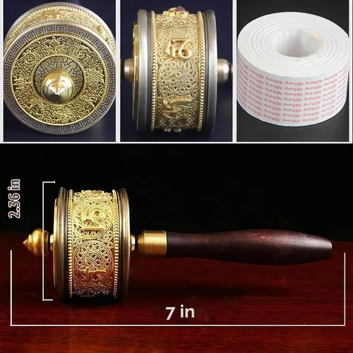 Vista 2 de Rueda de oración de mano de cobre con budista tibetano de seis caracteres de verdad de Buda de primera calidad, rueda de oración de mango de madera