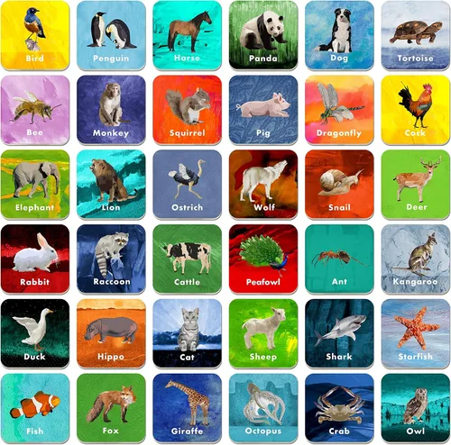 Vista 14 de Hebayy 36 pares de tarjetas flash de dibujos animados a juego de animales borrables (72 unidades, cada una mide 2 x 2 pulgadas)