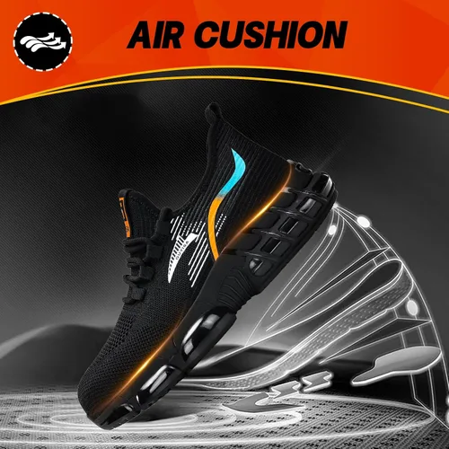 Vista 4 de BAIYIJIA Zapatos de punta de acero para hombre, zapatos de trabajo antideslizantes para construcción con amortiguación de aire, zapatos
