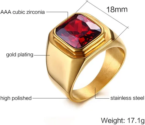 Vista 2 de PMTIER - Anillo de acero inoxidable chapado en oro con piedra cuadrada disponible en varios