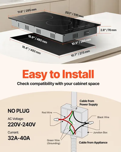 Vista 2 de VEVOR - Estufa eléctrica integrada, encimera de 12 pulgadas con 2 quemadores, cocina radiante de vidrio de 240 V con control táctil de sensor