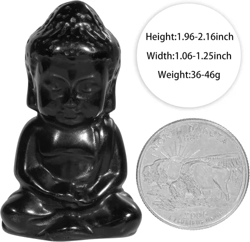 Vista 3 de Nupuyai Estatua de Buda tallada a mano con piedra de cristal para oficina en casa, escultura de piedra de obsidiana negra curativa de Reiki de 1.9