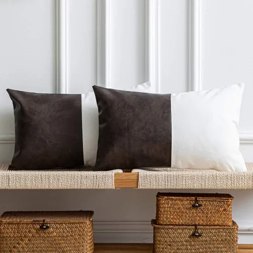 Vista 9 de DEZENE Fundas de Almohada Decorativas de Cuero Sintético y Algodón para Sofá Cama Sofá, Juego de 2 de 12 x 20 pulgadas Modernas Cuadradas Negro