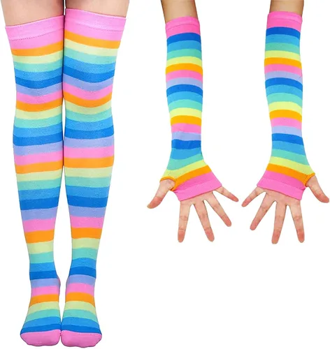 Vista 3 de SherryDC Conjunto de guantes sin dedos para mujer diseño de rayas arco iris hasta la rodilla calentadores de piernas