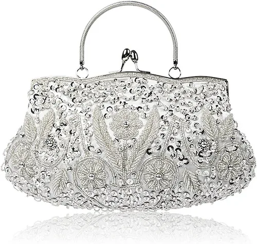 Vista 5 de Simcat - Bolso de mano grande tipo clutch con lentejuelas y cuentas florales de noche Dorado
