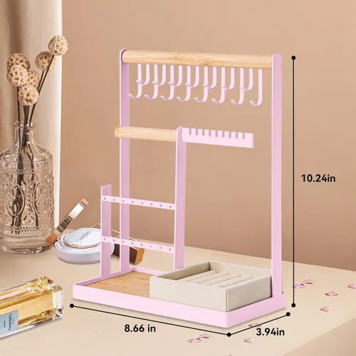 Vista 7 de Organizador de joyas con soporte de terciopelo para anillos, organizador de joyas de 4 niveles con 15 ganchos, organizador de collares y soporte