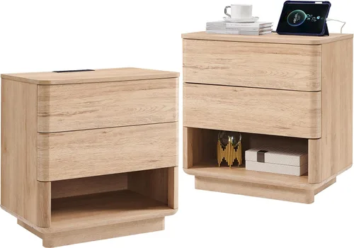 Vista 8 de ACCOHOHO Mesita de noche con estación de carga, mesa auxiliar de 22" con apertura por presión y 2 cajones de almacenamiento, mesita grande moderna