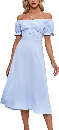 Vista 3 de LYANER Vestido para mujer con hombros descubiertos, envolvente, con volantes, manga corta abombada, fruncido y lazo en la espalda