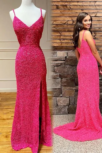 Vista 5 de DFDG Vestidos de fiesta formales con tirantes delgados y lentejuelas de sirena para mujer con abertura y cuello en V para fiesta