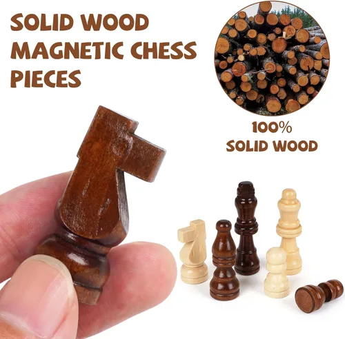 Vista 4 de Juego de ajedrez magnético de viaje de 12 pulgadas, tablero de ajedrez magnético de madera con 2 reinas extra, tablero de ajedrez plegable