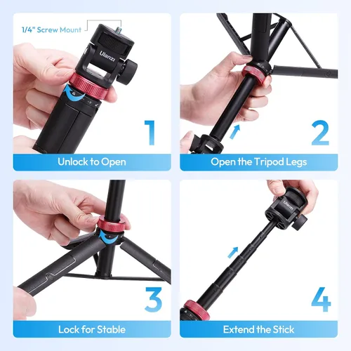 Vista 5 de ULANZI MT-71 Trípode selfie stick y mango de vlog con liberación rápida magnética y tornillo de 1/4 pulgadas, soporte de trípode ligero extensible