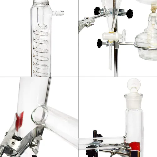 Vista 9 de Aparato de destilación de vidrio 1000ML Aparato de destilación de extracción de aceite esencial Kit de cristalería de laboratorio Kit de destilador