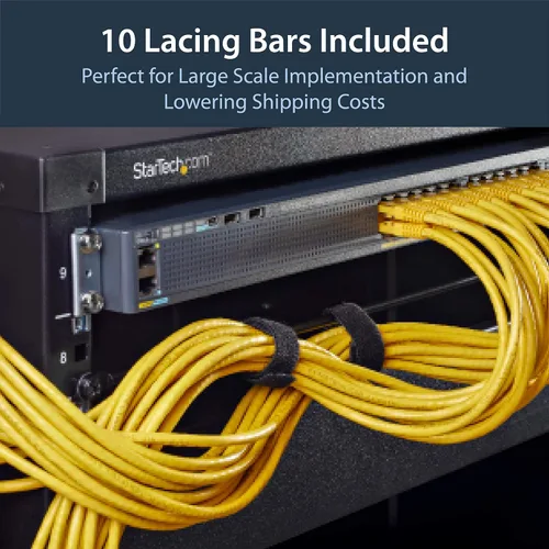 Vista 4 de StarTech - Paquete de 10 barras horizontales de cordones, gestión de cables para rack de servidores, organizador de cables de red de 19 pulgadas, TAA