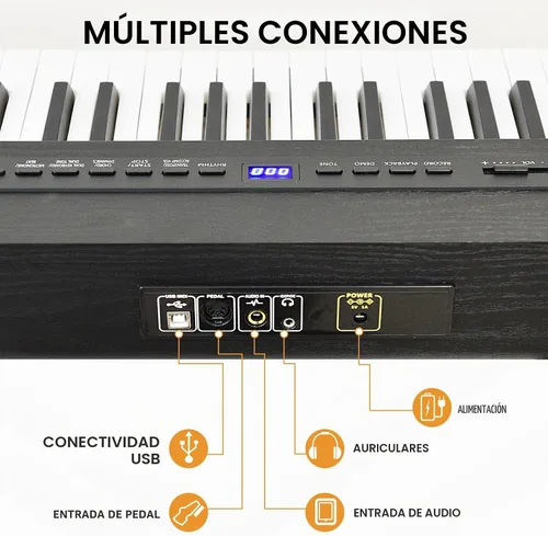 Vista 7 de Piano digital de 88 teclas con teclado semiponderado, teclado de piano de 88 teclas para principiantes con teclas iluminadas, piano eléctrico Negro